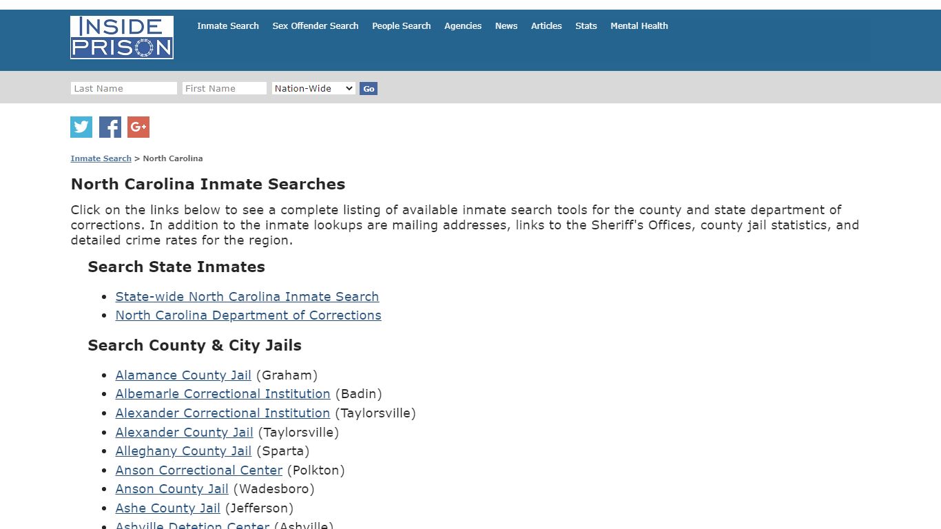 Inmate Search for North Carolina - Inside Prison